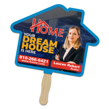Custom 8x8 Inch House Shape Full Color One Sided Hand Fans - 16 pt