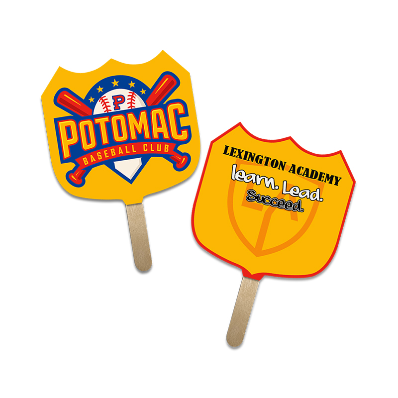 5x5 Inch Custom Shield Shape Full Color Double Sided Mini Hand Fans - 16 pt