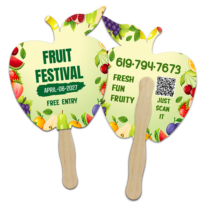 Custom Printed 8x8 Inch Apple Shape Full Color Double Sided Hand Fans - 16 pt