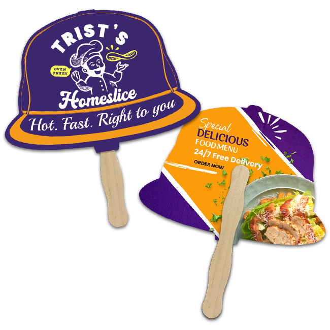 Custom 8x8 Inch Cap Shape Full Color Double Sided Hand Fans - 16 pt