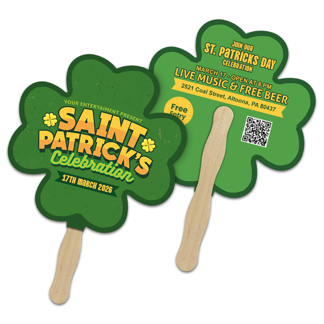 Custom Printed 8x8 Inch Clover Shape Full Color Double Sided Hand Fans - 16 pt