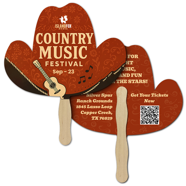 Custom 8x8 Inch Cowboy Hat Shape Full Color Double Sided Hand Fans - 16 pt