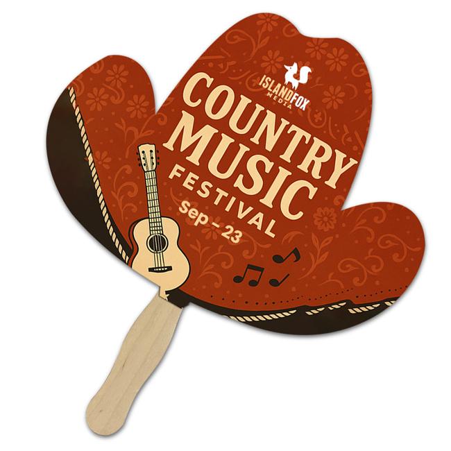 Custom 8x8 Inch Cowboy Hat Shape Full Color One Sided Hand Fans - 16 pt