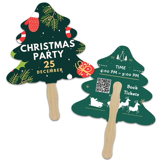 Custom 8x8 Inch Evergreen Shape Full Color Double Sided Hand Fans - 16 pt