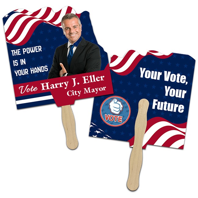 Custom 8x8 Inch Flag Shape Full Color Double Sided Hand Fans - 16 pt