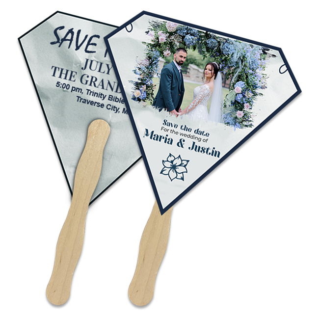 Custom Printed 8x8 Inch Gem Shape Full Color Double Sided Hand Fans - 16 pt