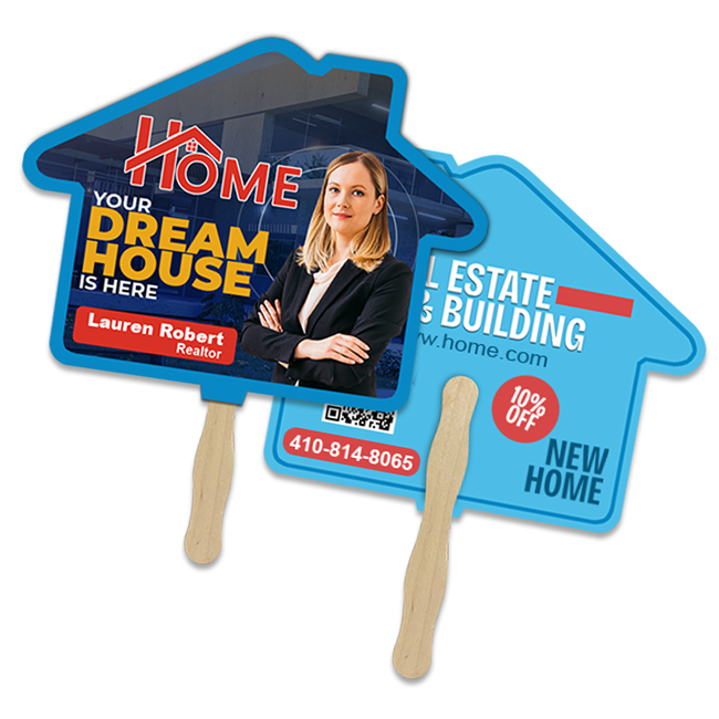 Custom 8x8 Inch House Shape Full Color Double Sided Hand Fans - 16 pt
