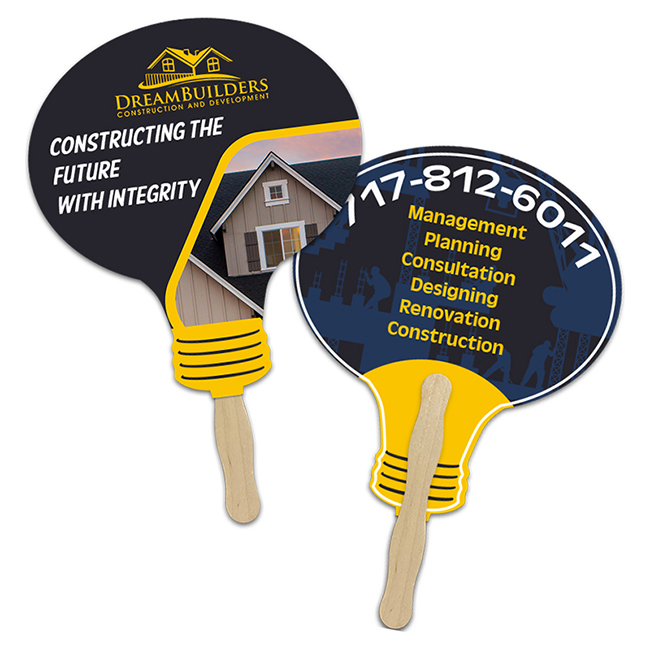 Custom Printed 8x8 Inch Lightbulb Shape Full Color Double Sided Hand Fans - 16 pt