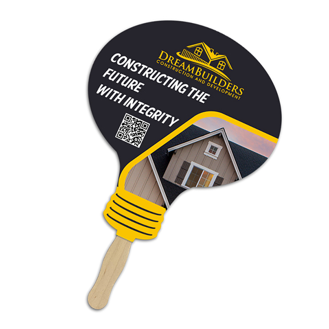 Custom 8x8 Inch Lightbulb Shape Full Color One Sided Hand Fans - 16 pt