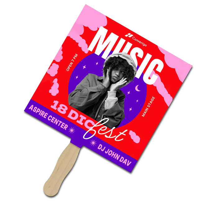 Custom 8x8 Inch Square Shape Full Color One Sided Hand Fans - 16 pt