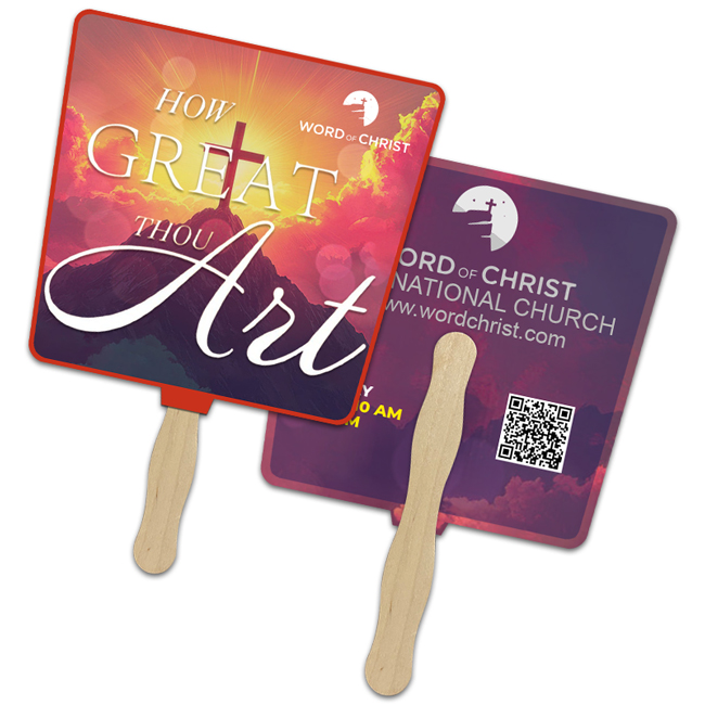 Custom Printed Custom Printed 8x8 Inch Tapered Full Color Double Sided Hand Fans - 16 pt