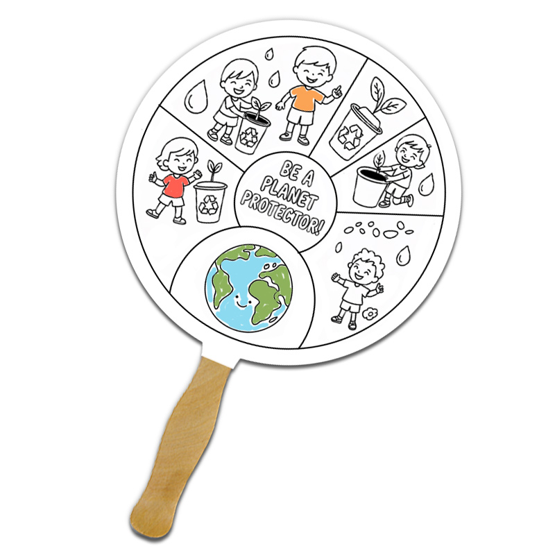 Custom Printed Circle Shape Full Color One Sided Coloring Hand Fans - 16 pt