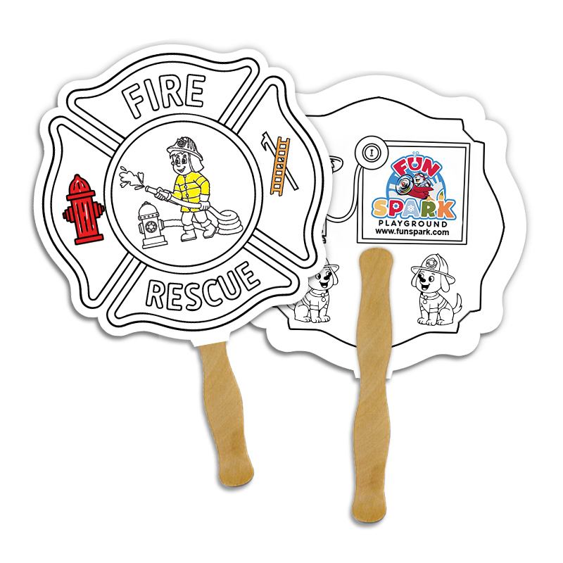 Custom Fire Badge Shape Full Color Double Sided Coloring Hand Fans - 16 pt